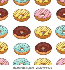 Colorful donuts seamless pattern with sprinkles and glaze on white background