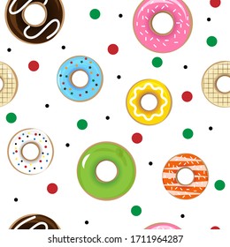 Colorful Donuts Seamless Pattern Wallpaper. Various of Donuts flavor isolated in white background for fabric textile.