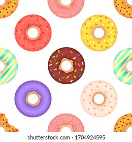 Colorful donuts. Seamless vector pattern isolated on white background