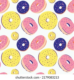Colorful donuts. Seamless vector pattern on a white background. Delicious food dessert. Yellow, pink, blue colors. Illustration for prints, fabric, paper