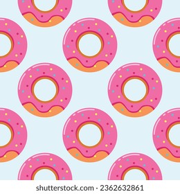 colorful donuts set with different glazes and flavors on a pink background with confetti vector graphics seamless pattern