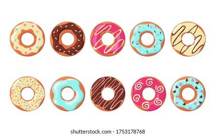 Colorful donuts set. Rows of sweet doughnuts with different icing, blue, chocolate, strawberry top. Flat vector illustration for dessert, cake, snack concept