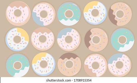 Colorful donuts set with sugar strands on beige background. Vector