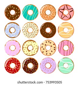 Colorful donuts set. Tasty glazed pastry with decoration.