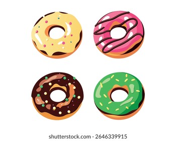 Colorful Donuts Set Vector Illustration. Perfect for Bakery Branding, Menu Design, Food Packaging, Cafe Promotion.