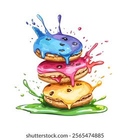 Colorful Donuts with Splashing Glaze. Vibrant Donut Illustration with Dripping Colors. 