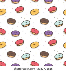 colorful donuts sprinkled with sugar seamless pattern Gift Wrap wallpaper background kawaii doodle flat cartoon vector illustration