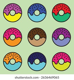 Des donuts colorés avec des pépites disposés sur fond vert clair. Motif de nourriture sucrée