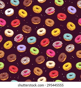 Colorful donuts with sprinkles seamless pattern. Doodle sketch style dark background.
