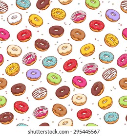 Colorful donuts with sprinkles seamless pattern. Doodle sketch style background.