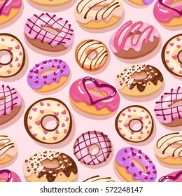 Colorful donuts with sprinkles seamless pattern. Doodle sketch style background.Cartoon style vector illustration