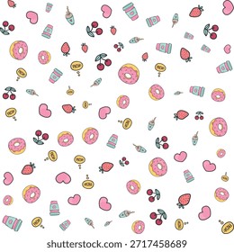 Roscas coloridas e doces padrão sem emenda em cores pastel no fundo branco para a marca de padaria