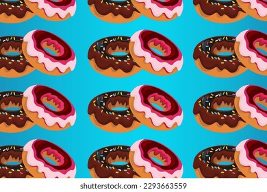 Colorful donuts with topping on pastel blue background, minimal sweet food concept