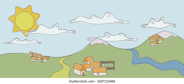 A colorful doodle about quiet towns living surrounded by mountains, snow, paths, rivers, clouds and the sun
