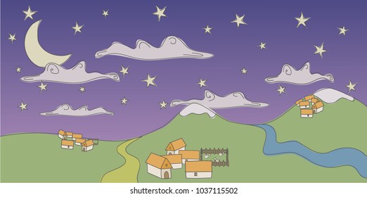 A colorful doodle about quiet towns living surrounded by mountains, snow, paths, rivers, clouds, stars and the moon
