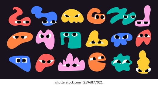 Colorful Doodle Abstract Geometrical Shapes of Blobs with Faces. Hand drawn organic multicolored funny cartoon avatars. Happy decorative emoticons for kids