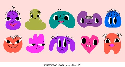 Colorful Doodle Abstract Geometrical Shapes of Blobs with Faces. Hand drawn organic multicolored funny cartoon avatars. Happy decorative emoticons for kids