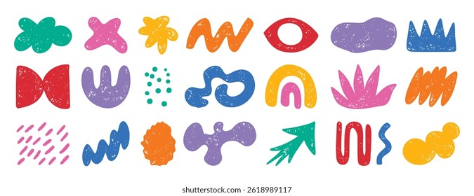 colorful doodle abstract shapes. Naive elements noisy drawing texture. Abstract creative figure, grunge brushes. silhouette trendy quirky graphic. Vector illustration