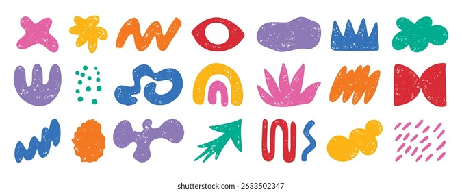 colorful doodle abstract shapes. Naive elements noisy drawing texture. Abstract creative figure, grunge brushes. silhouette trendy quirky graphic. Vector illustration