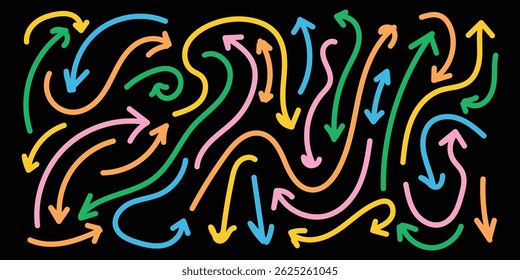 Colorful doodle arrows on black background. Hand drawn sketchy direction symbols in playful style. Vector illustration for abstract design or navigation themes.