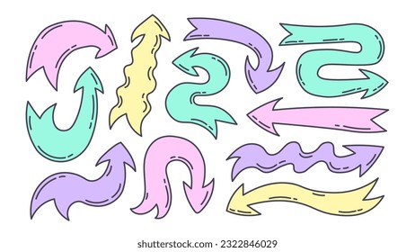 Colorful doodle arrows set. Hand drawn wavy direction pointers collection in outline style. Cute cartoon pastel colored signs and symbols