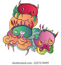 Colorful Doodle Art Design.Hand draw Monster, skull, eyes, smile . coloring page. can be use for background, web, sticker and poster