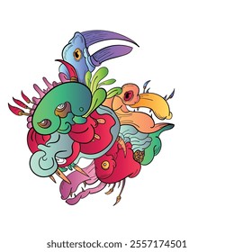 Colorful Doodle Art Design.Hand draw Monster, skull, eyes, smile . coloring page. can be use for background, web, sticker and poster