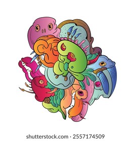 Colorful Doodle Art Design.Hand draw Monster, skull, eyes, smile . coloring page. can be use for background, web, sticker and poster