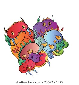 Colorful Doodle Art Design.Hand draw Monster, skull, eyes, smile . coloring page. can be use for background, web, sticker and poster