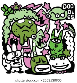 Colorful doodle art with quirky characters , Cute hand drawn doodles , Illustration Vector