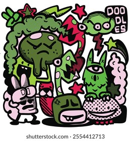 Colorful doodle art with quirky characters , Cute hand drawn doodles , Illustration Vector