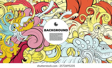 Colorful Doodle Artwork with Diverse Elements, Perfect for Backgrounds, Book Covers, Templates, Flyers, Summer Projects, and Ideal for Coloring Book Designs.