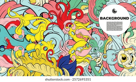 Colorful Doodle Artwork with Diverse Elements, Perfect for Backgrounds, Book Covers, Templates, Flyers, Summer Projects, and Ideal for Coloring Book Designs.