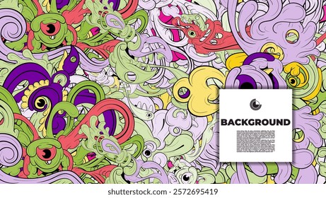 Colorful Doodle Artwork with Diverse Elements, Perfect for Backgrounds, Book Covers, Templates, Flyers, Summer Projects, and Ideal for Coloring Book Designs.