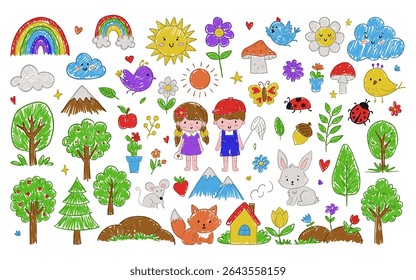 Colorful doodle artwork with happy children, animals, trees, flowers, and playful nature elements, perfect for themes of childhood, creativity. Hand drawn vector illustration isolated on white
