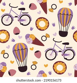 colorful doodle background with bikes and sweets