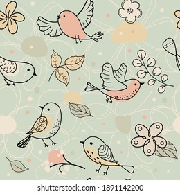 Colorful doodle bird and flower seamless pattern. Collection of flat hand drawn birds and flowers. Cute background for textile printing, wrapping paper. Vector illustration.