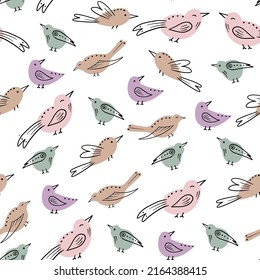 Colorful doodle bird seamless pattern. Collection of flat hand drawn birds. Cute background for textile print, wrapping paper, wall art design