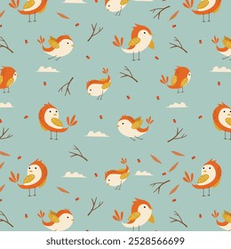 Colorful doodle bird seamless pattern. Collection of flat hand drawn birds. Cute background for textile print, wrapping paper. Vector illustration.