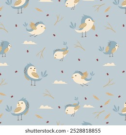 Colorful doodle bird seamless pattern. Collection of flat hand drawn birds. Cute background for textile print, wrapping paper. Vector illustration.