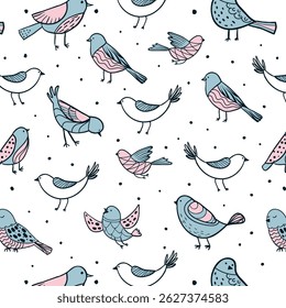 Colorido doodle pájaro sin patrón. Colección de pájaros planos dibujados a mano. Fondo lindo para la impresión textil, papel de embalaje, diseño de arte de la pared
