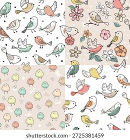 Colorido doodle pájaro sin patrón. Colección de pájaros planos dibujados a mano. Fondo lindo para la impresión textil, papel de embalaje.