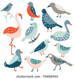 Colorful doodle bird set. Collection of cute hand drawn birds: dove, flamingo, crow. Ornitology collection. Flat style zoo  illustration