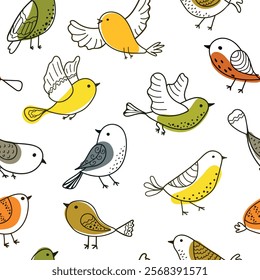 Colorful doodle birds seamless pattern on transparent background. Collection of flat hand drawn birds for textile printing, wrapping paper.
