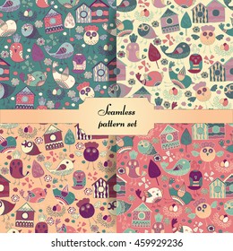 colorful doodle birds seamless pattern set with floral and leaf elements