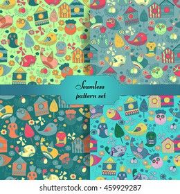 colorful doodle birds seamless pattern set with floral and leaf elements