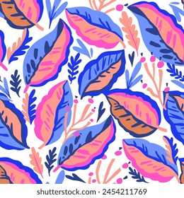 Colorful doodle botanical pattern. Vector print with hand-drawn simple plant elements