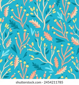 Colorful doodle botanical pattern. Vector print with hand-drawn simple plant elements