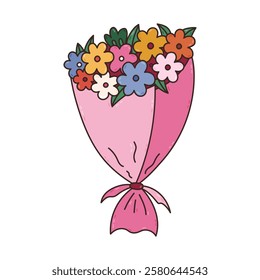 Colorful doodle bouquet of flowers for present at Valentine day, birthday, International Women Day, wedding. Hand drawn spring floral gift. Cute clipart of bunch of flower blossom isolated on white.