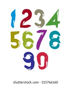 Colorful doodle brush numbers, hand-painted bright vector numeration.